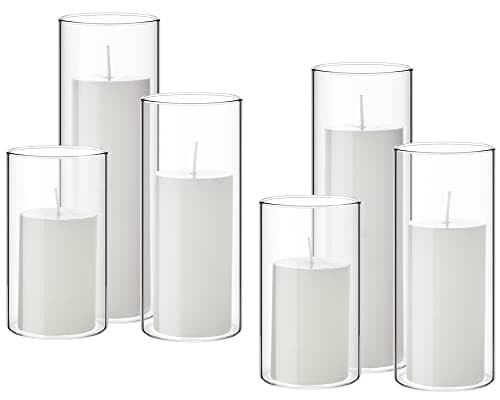 Shihanee 6 Sets Pillar Candles and Glass Cylinder Vases for Wedding Centerpieces (White,2.6'' x 4.7'', 5.9'', 7.9'')