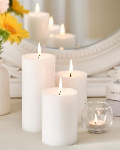 Unscented White Pillar Candles Set of 3, Long-Lasting for Wedding, Spa, Dinner Parties, Home Decor