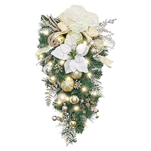 Valery Madelyn Pre-Lit Outdoor Teardrop Swag, 24 Inch White Gold Ornament Decor