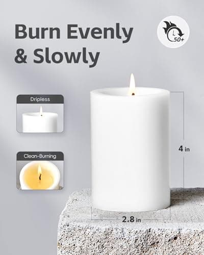 Unscented White Pillar Candles Set of 3, Long-Lasting for Wedding, Spa, Dinner Parties, Home Decor