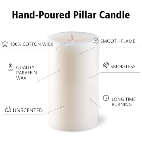 Unscented Pillar Candles, 3x6 inch, 74 Hours Burning, Set of 6, Dripless and Smokeless, for Dinner Table, Wedding, Spa, Aromatherapy, Party
