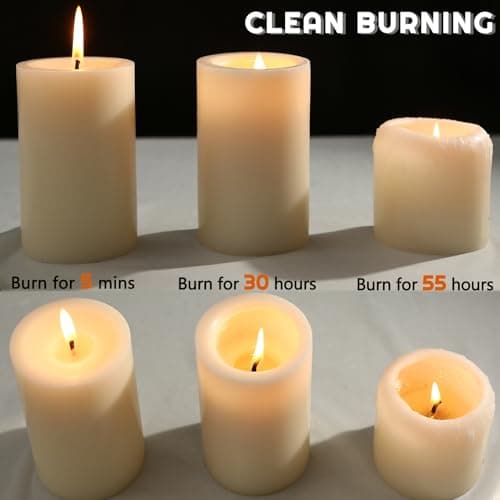 Unscented Pillar Candles, 3x6 inch, 74 Hours Burning, Set of 6, Dripless and Smokeless, for Dinner Table, Wedding, Spa, Aromatherapy, Party