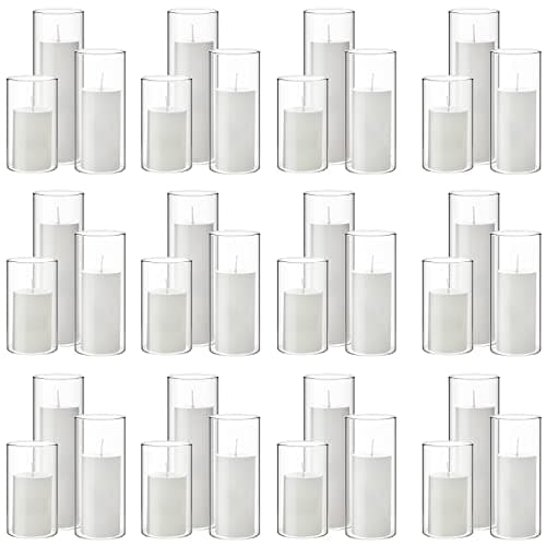 Shihanee Set of 36 Pillar Candles and Glass Cylinder Vases for Wedding Centerpieces (White,2.6'' X 4.7'', 5.9'', 7.9'')