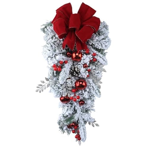 Christmas Teardrop Swags with Red Velvet Big Bowknot for Holiday Decor