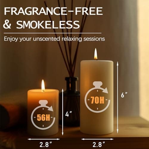 Unscented Pillar Candles, 3x6 inch, 74 Hours Burning, Set of 6, Dripless and Smokeless, for Dinner Table, Wedding, Spa, Aromatherapy, Party