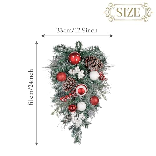Red & White 24 Inch Pre-Lit Teardrop Swag for Mailbox Xmas Decor with 20 LED Lights
