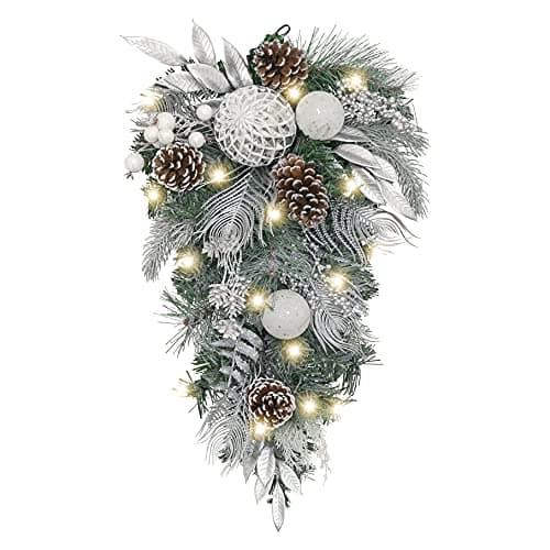 Stunning 24 Inch Silver White Pre-Lit Teardrop Swag with 20 LED Lights for Outdoor Xmas Decorating