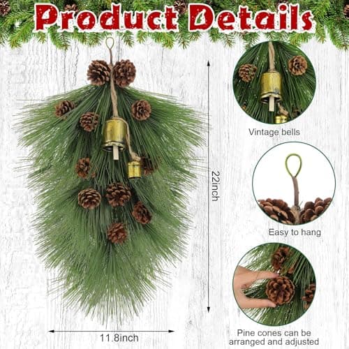 Giegxin 2 Pack 22 Christmas Pine Needle Teardrop Swags with Pinecones and Bells for Home Decor