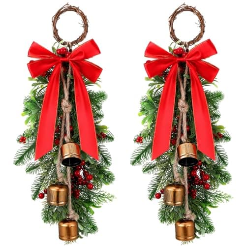 Christmas Teardrop Swags: Set of 2 with Cow Bells and Red Berries