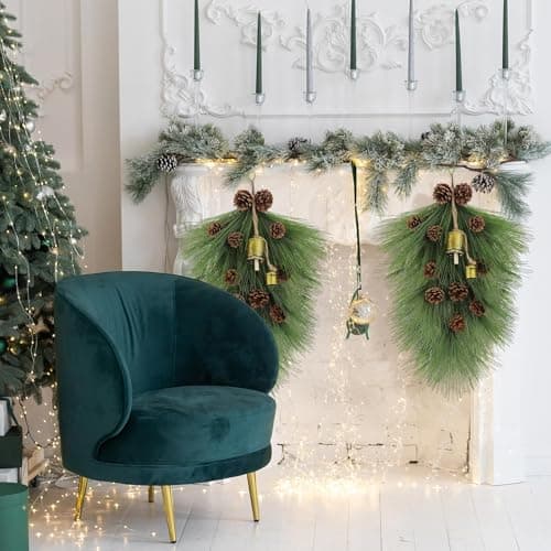 Giegxin 2 Pack 22 Christmas Pine Needle Teardrop Swags with Pinecones and Bells for Home Decor