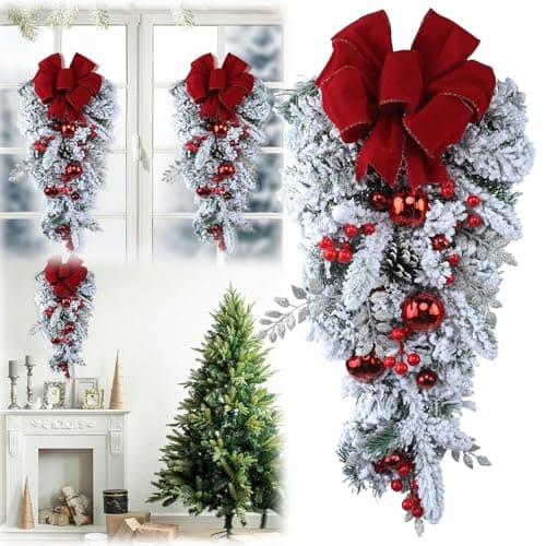 Christmas Teardrop Swags with Red Velvet Big Bowknot for Holiday Decor