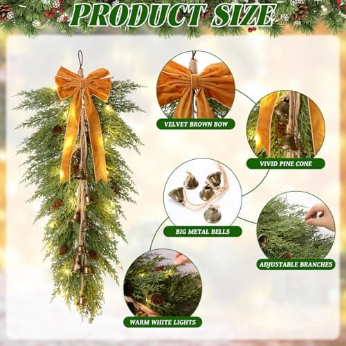36 Christmas Pine Teardrop Swag with Lights, Bells, and Faux Pine Cones - Rustic Home Decor (2 Pack)