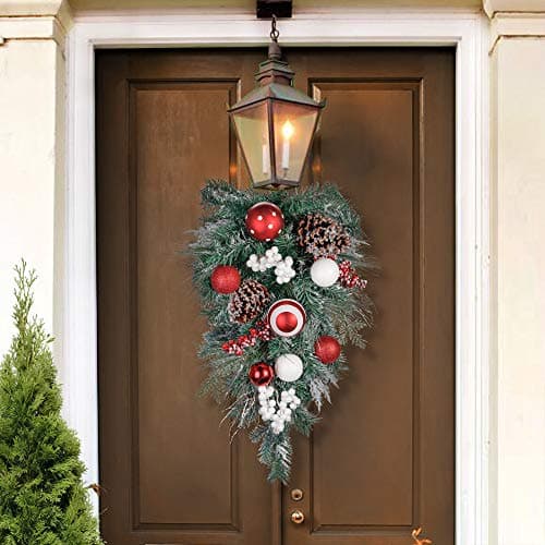 Red & White 24 Inch Pre-Lit Teardrop Swag for Mailbox Xmas Decor with 20 LED Lights