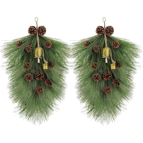 Giegxin 2 Pack 22 Christmas Pine Needle Teardrop Swags with Pinecones and Bells for Home Decor