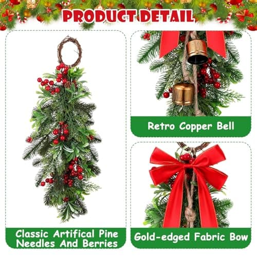 Christmas Teardrop Swags: Set of 2 with Cow Bells and Red Berries