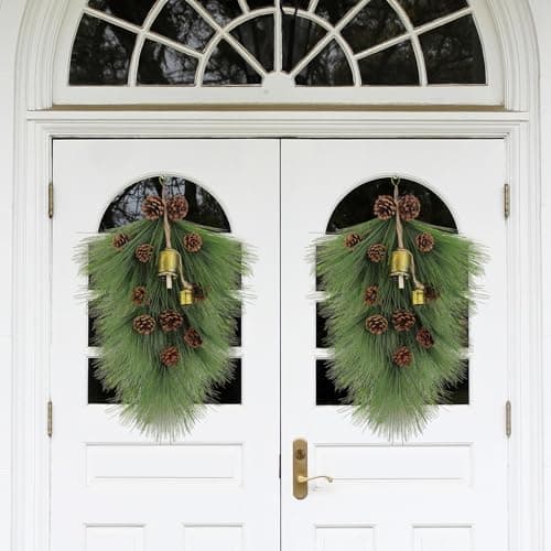 Giegxin 2 Pack 22 Christmas Pine Needle Teardrop Swags with Pinecones and Bells for Home Decor