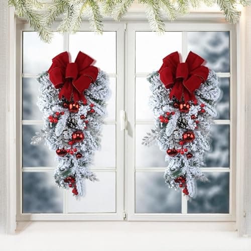 Christmas Teardrop Swags with Red Velvet Big Bowknot for Holiday Decor
