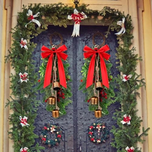 Christmas Teardrop Swags: Set of 2 with Cow Bells and Red Berries