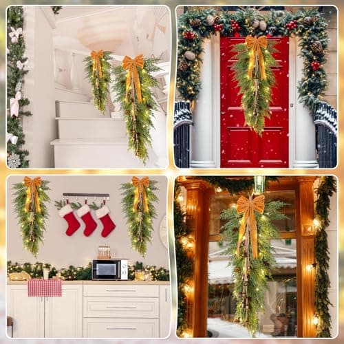 36 Christmas Pine Teardrop Swag with Lights, Bells, and Faux Pine Cones - Rustic Home Decor (2 Pack)