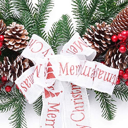 2pcs Red Berry Snow Teardrop Wreaths & Picks, Faux Winter Pine Cones Ribbon Bow, 19.5in Xmas Swag for Front Door