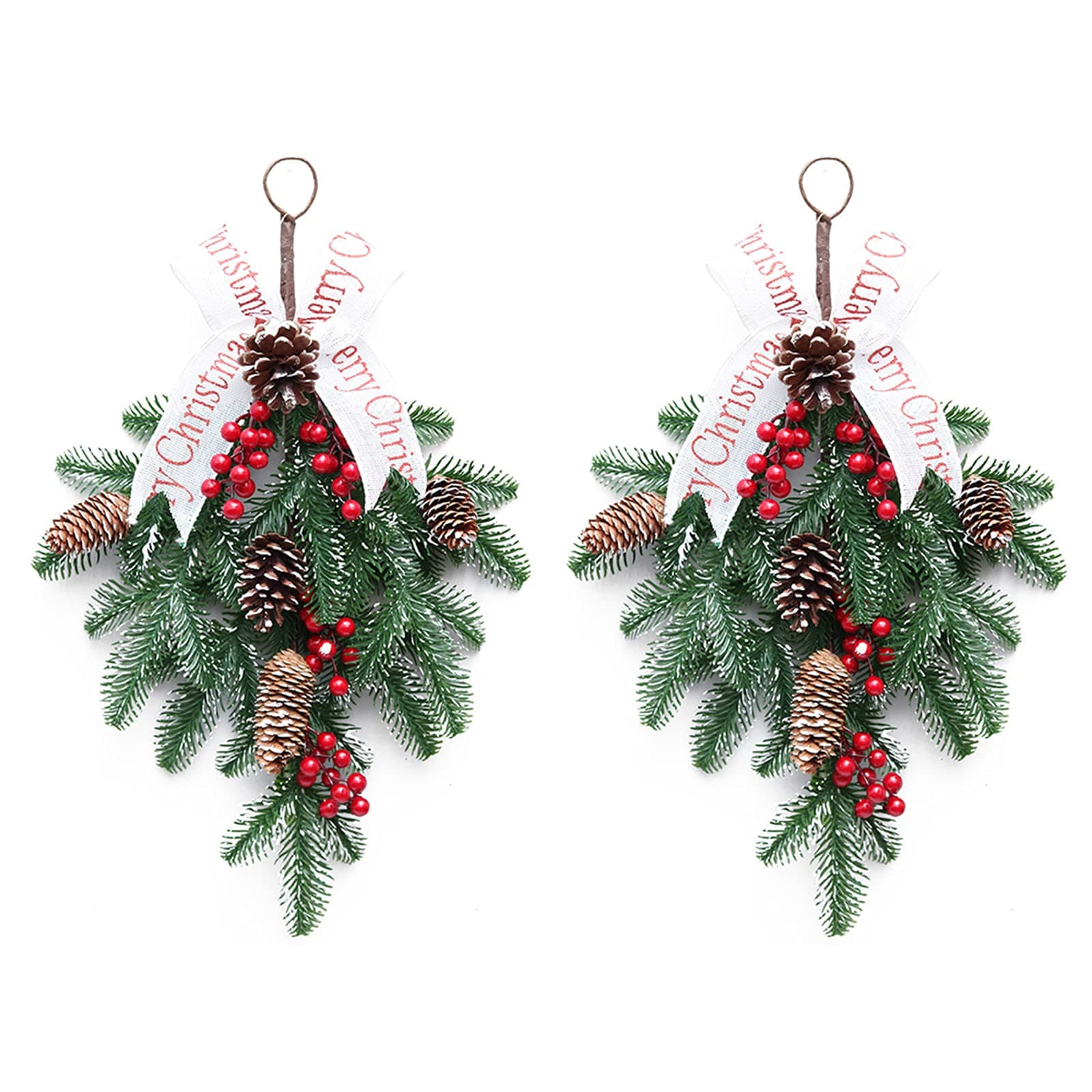 2pcs Red Berry Snow Teardrop Wreaths & Picks, Faux Winter Pine Cones Ribbon Bow, 19.5in Xmas Swag for Front Door