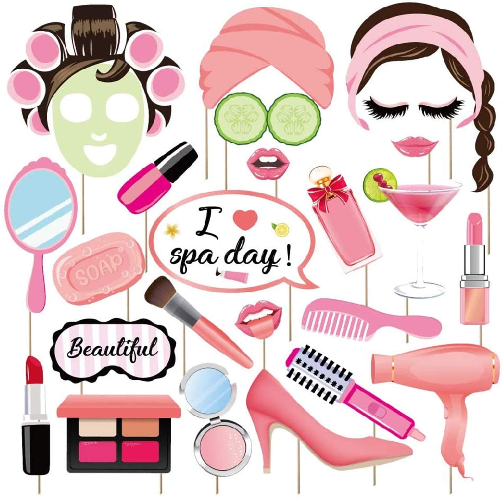 Spa Photo Booth Props with Stick for Women and Girls