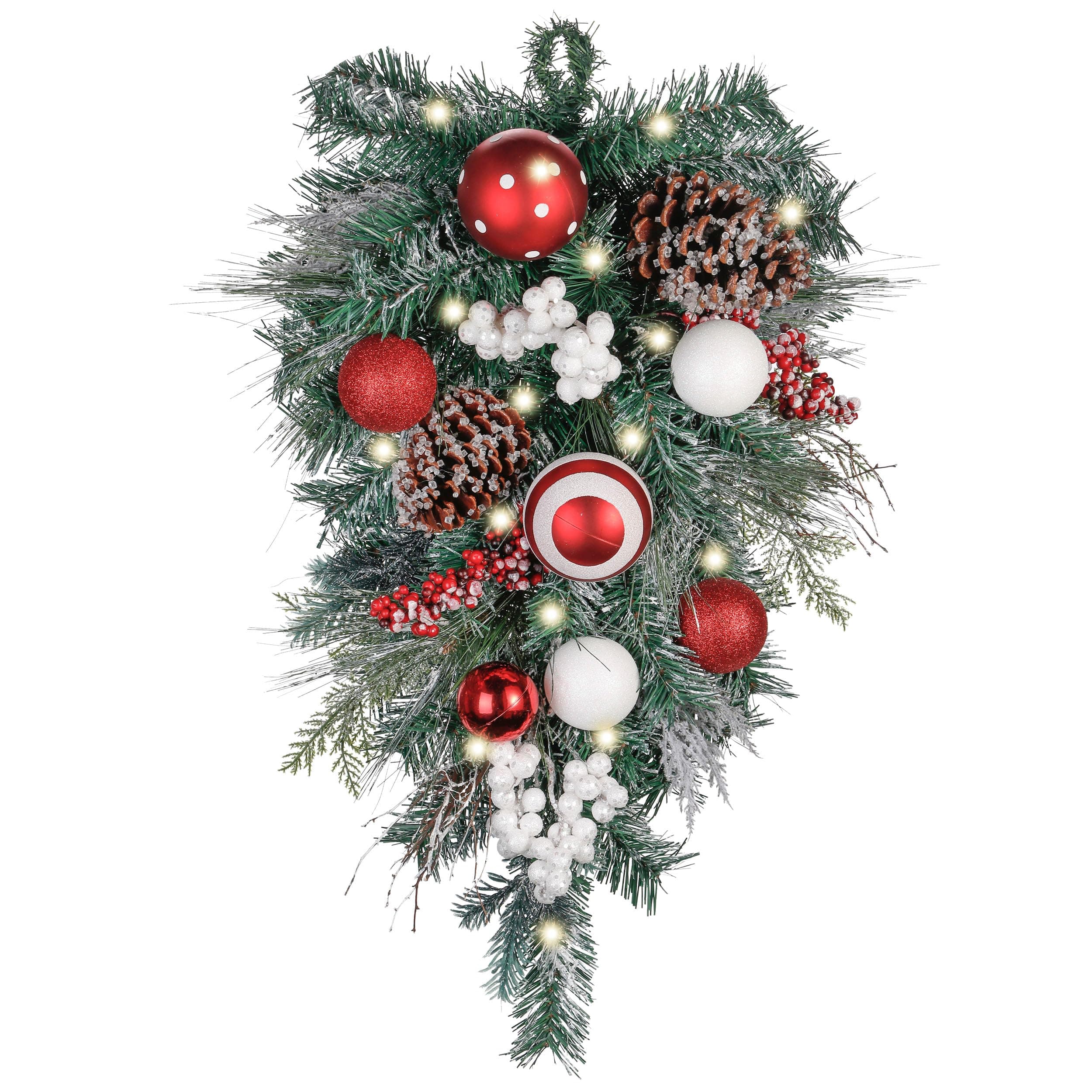 Red & White 24 Inch Pre-Lit Teardrop Swag for Mailbox Xmas Decor with 20 LED Lights