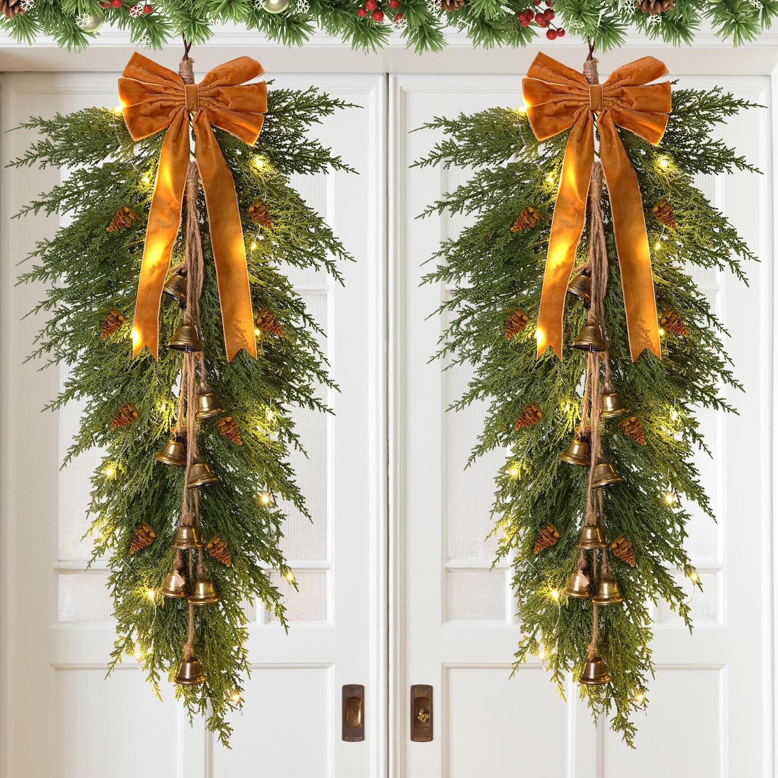 36 Christmas Pine Teardrop Swag with Lights, Bells, and Faux Pine Cones - Rustic Home Decor (2 Pack)