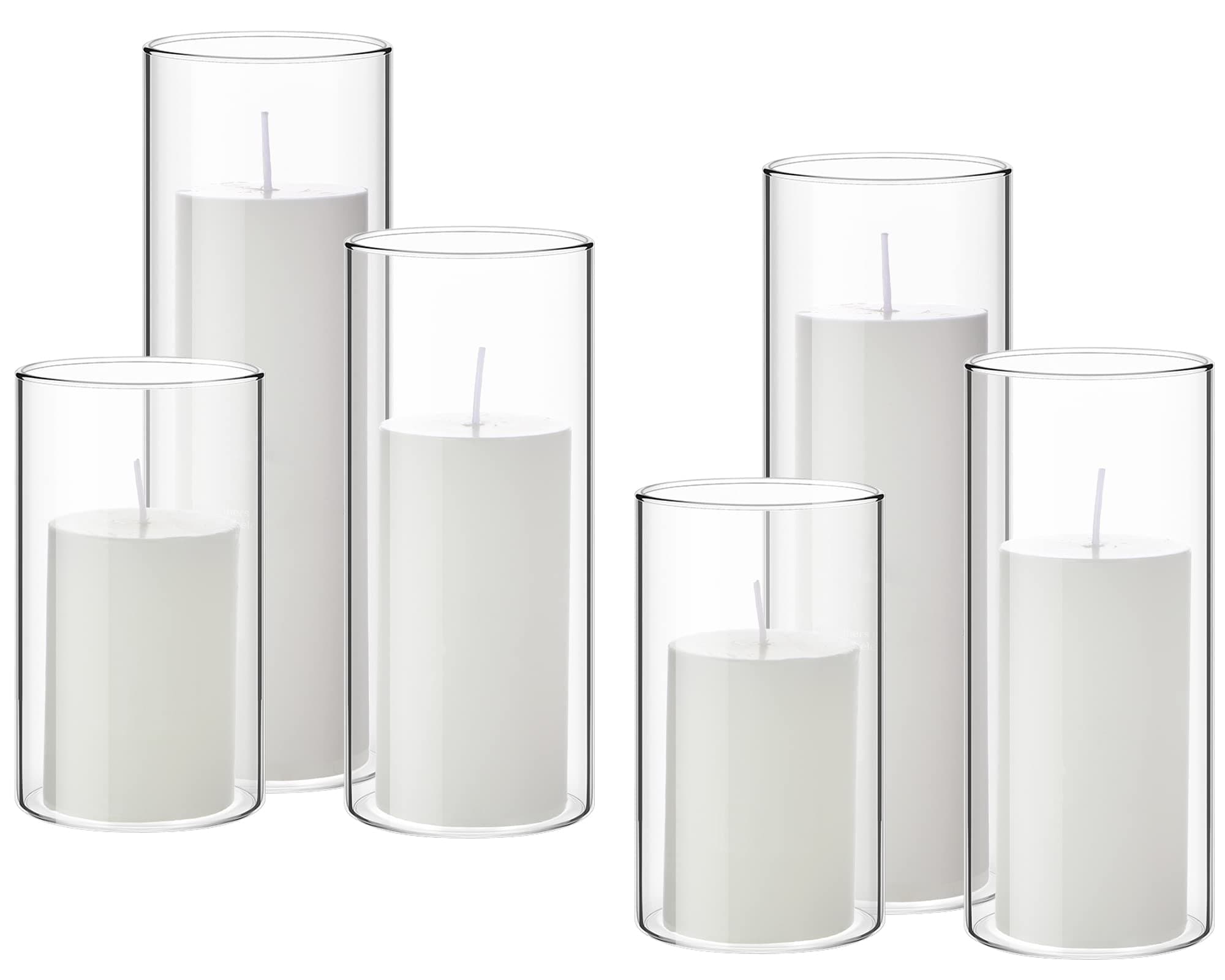 Shihanee 6 Sets Pillar Candles and Glass Cylinder Vases for Wedding Centerpieces (White,2.6'' x 4.7'', 5.9'', 7.9'')