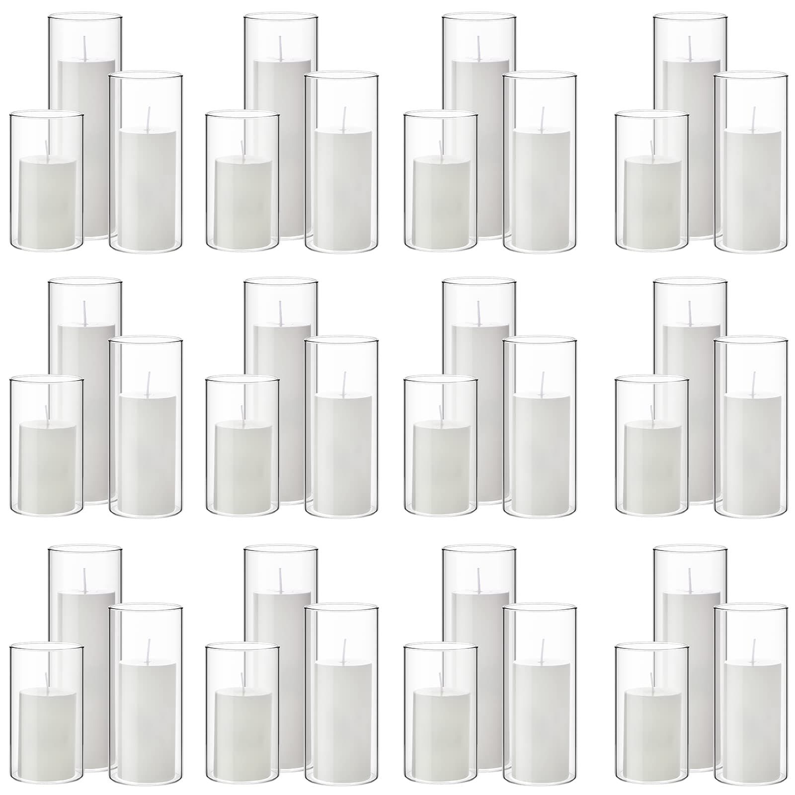 Shihanee Set of 36 Pillar Candles and Glass Cylinder Vases for Wedding Centerpieces (White,2.6'' X 4.7'', 5.9'', 7.9'')
